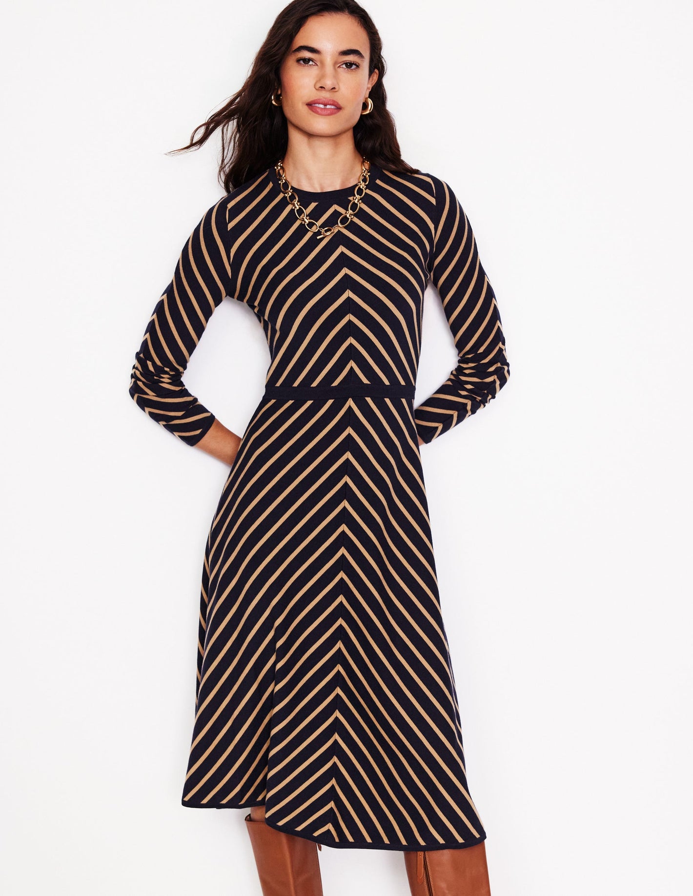 Maria Knitted Midi Dress -Navy, Camel Stripe