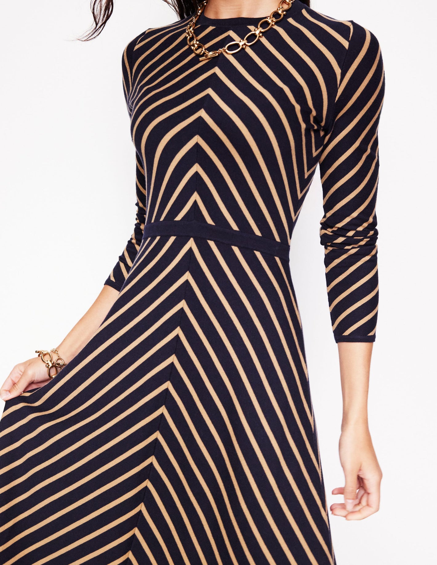 Maria Knitted Midi Dress -Navy, Camel Stripe