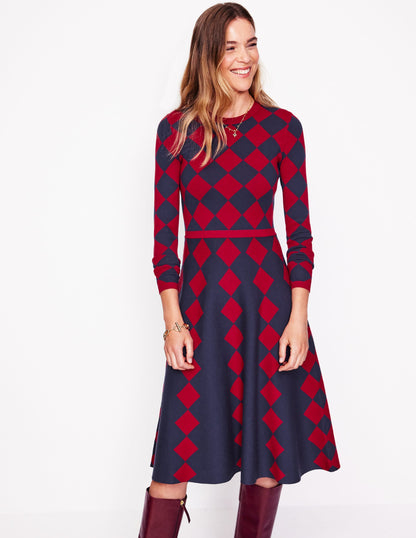 Maria Jacquard Knitted Dress -Red and Navy Argyle