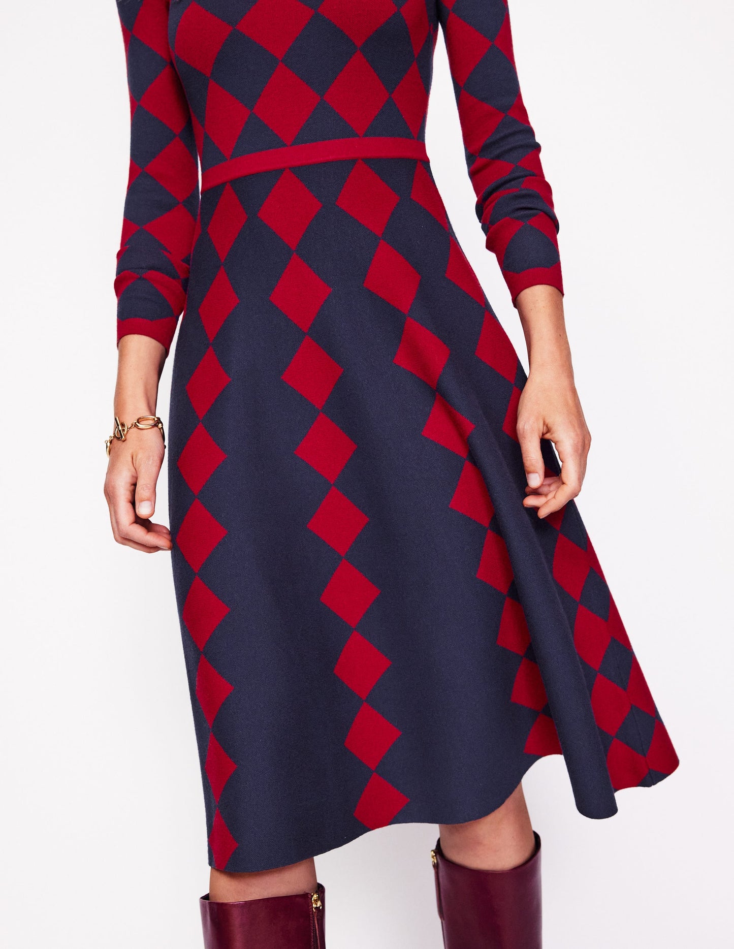 Maria Jacquard Knitted Dress -Red and Navy Argyle