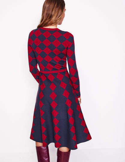 Maria Jacquard Knitted Dress -Red and Navy Argyle