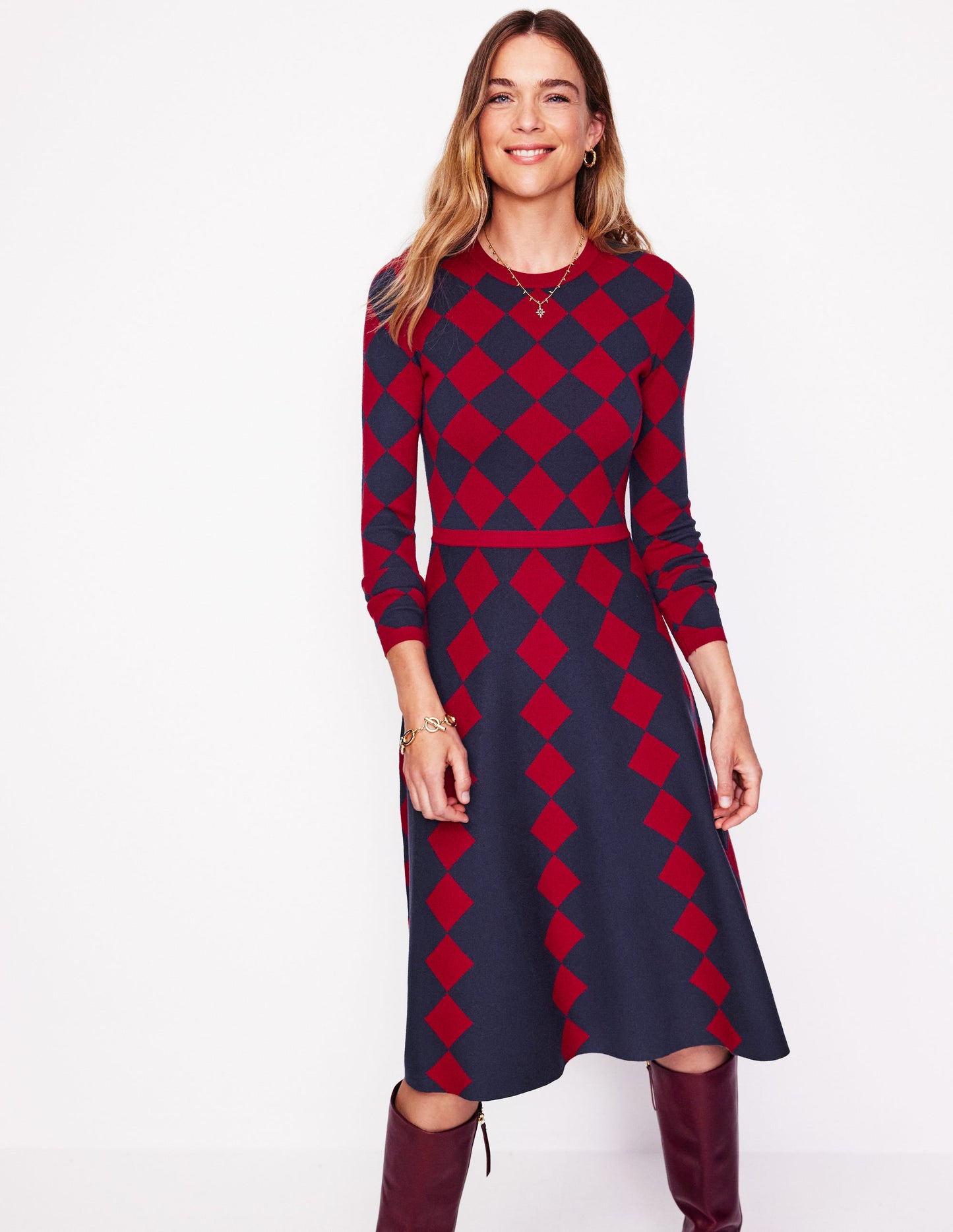 Maria Jacquard Knitted Dress -Red and Navy Argyle