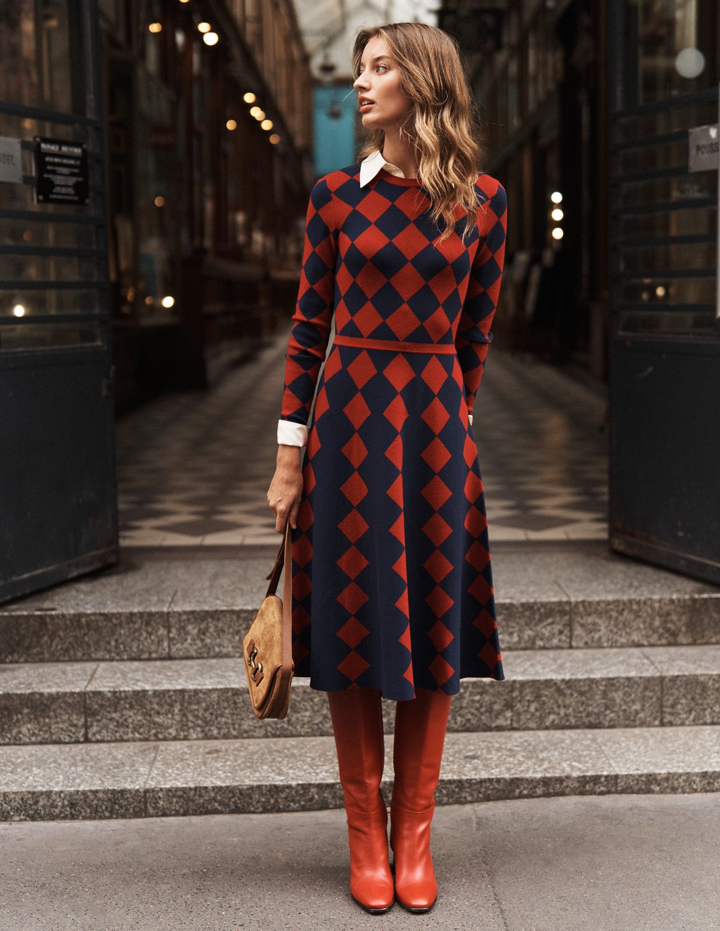 Maria Jacquard Knitted Dress -Red and Navy Argyle