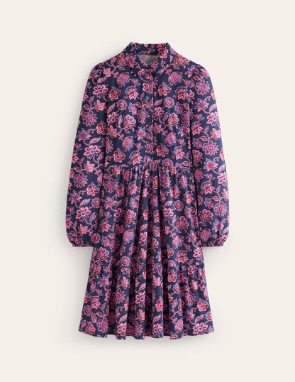 Jemima Tiered Jersey Dress-Navy, Floret Cascade