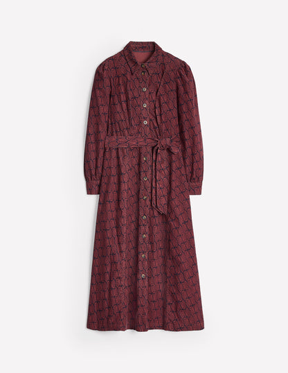 Aubrey Cord Midi Shirt Dress -Chestnut, Owl Stamp