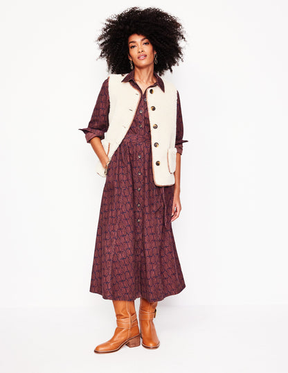 Aubrey Cord Midi Shirt Dress -Chestnut, Owl Stamp