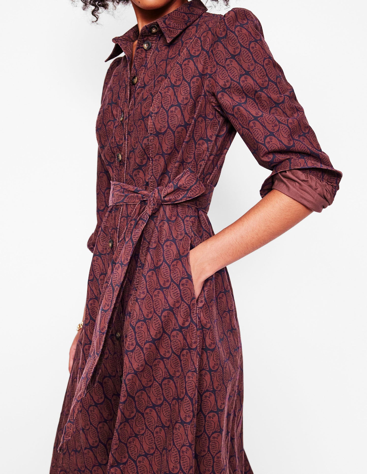 Aubrey Cord Midi Shirt Dress -Chestnut, Owl Stamp