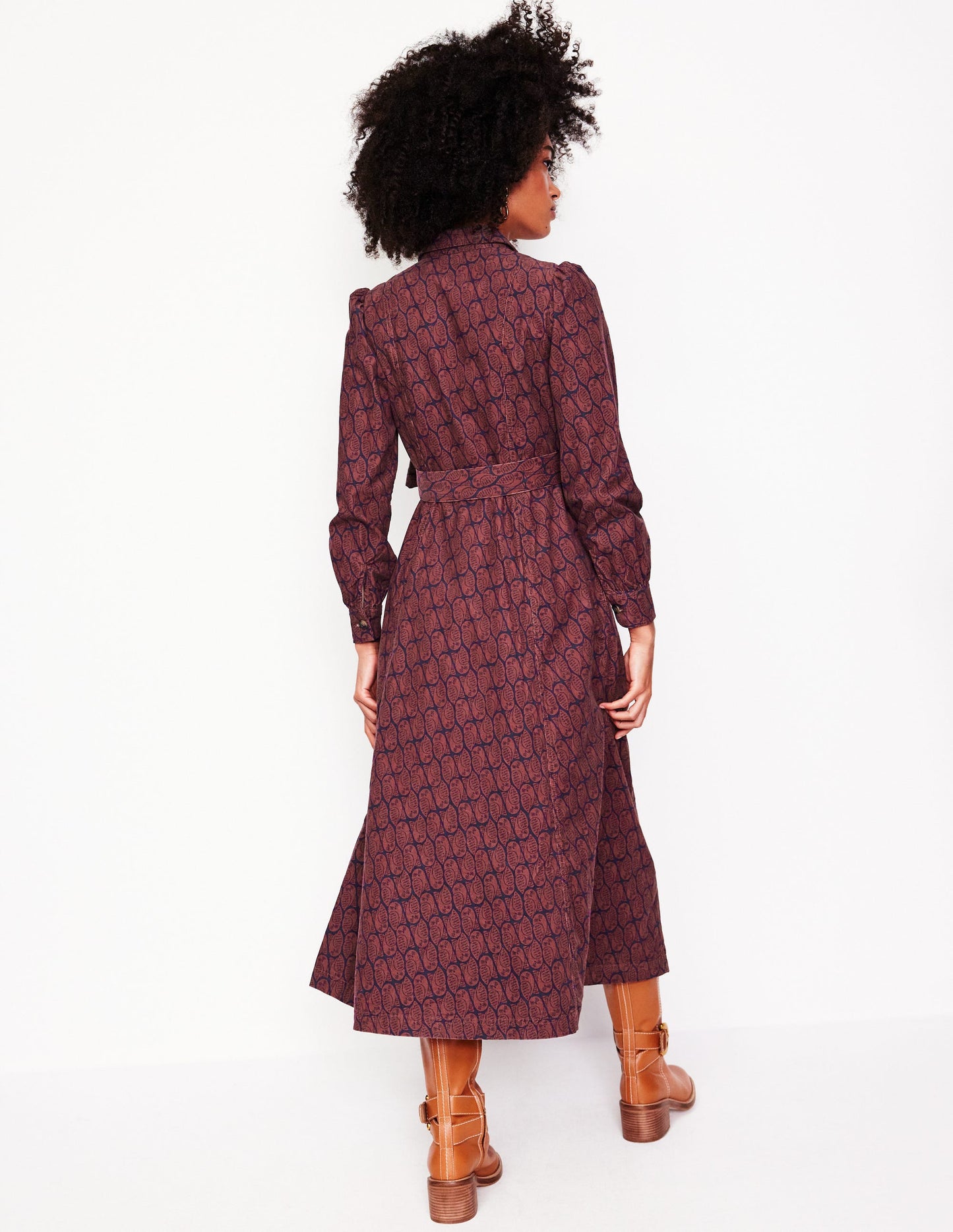 Aubrey Cord Midi Shirt Dress -Chestnut, Owl Stamp