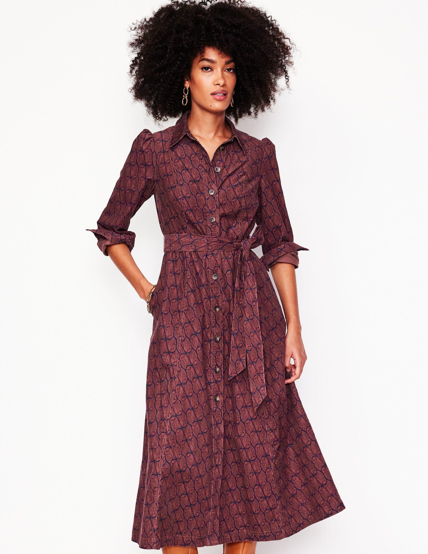 Aubrey Cord Midi Shirt Dress -Chestnut, Owl Stamp