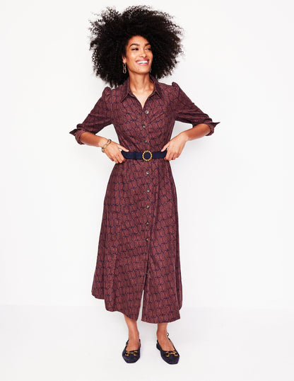 Aubrey Cord Midi Shirt Dress -Chestnut, Owl Stamp