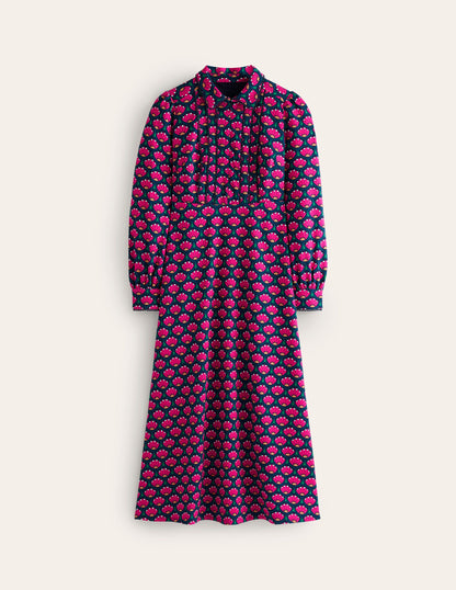 Piping Zip-up Ponte Dress -Bright Pink, Lotus Stamp