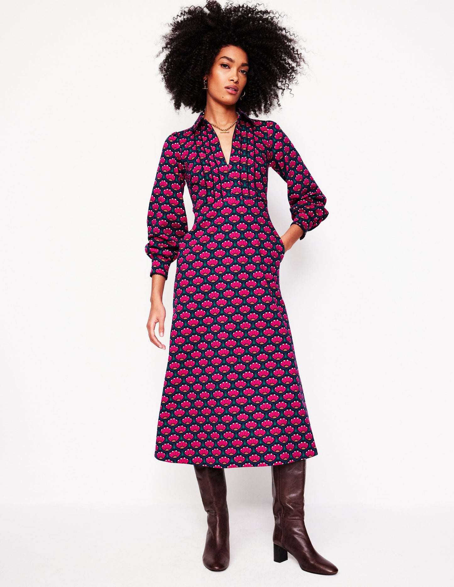 Piping Zip-up Ponte Dress -Bright Pink, Lotus Stamp