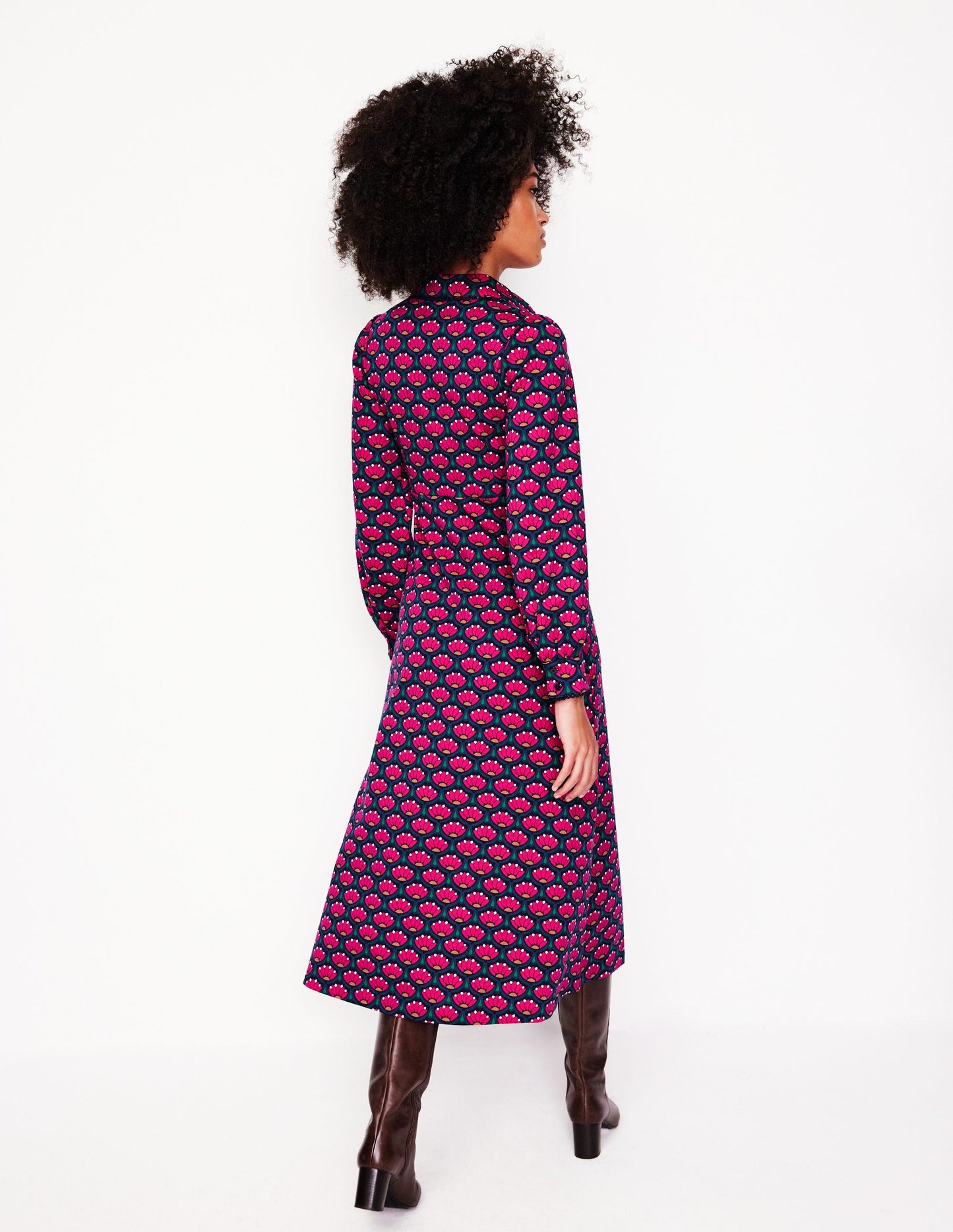 Piping Zip-up Ponte Dress -Bright Pink, Lotus Stamp