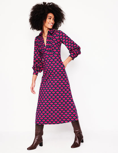 Piping Zip-up Ponte Dress -Bright Pink, Lotus Stamp