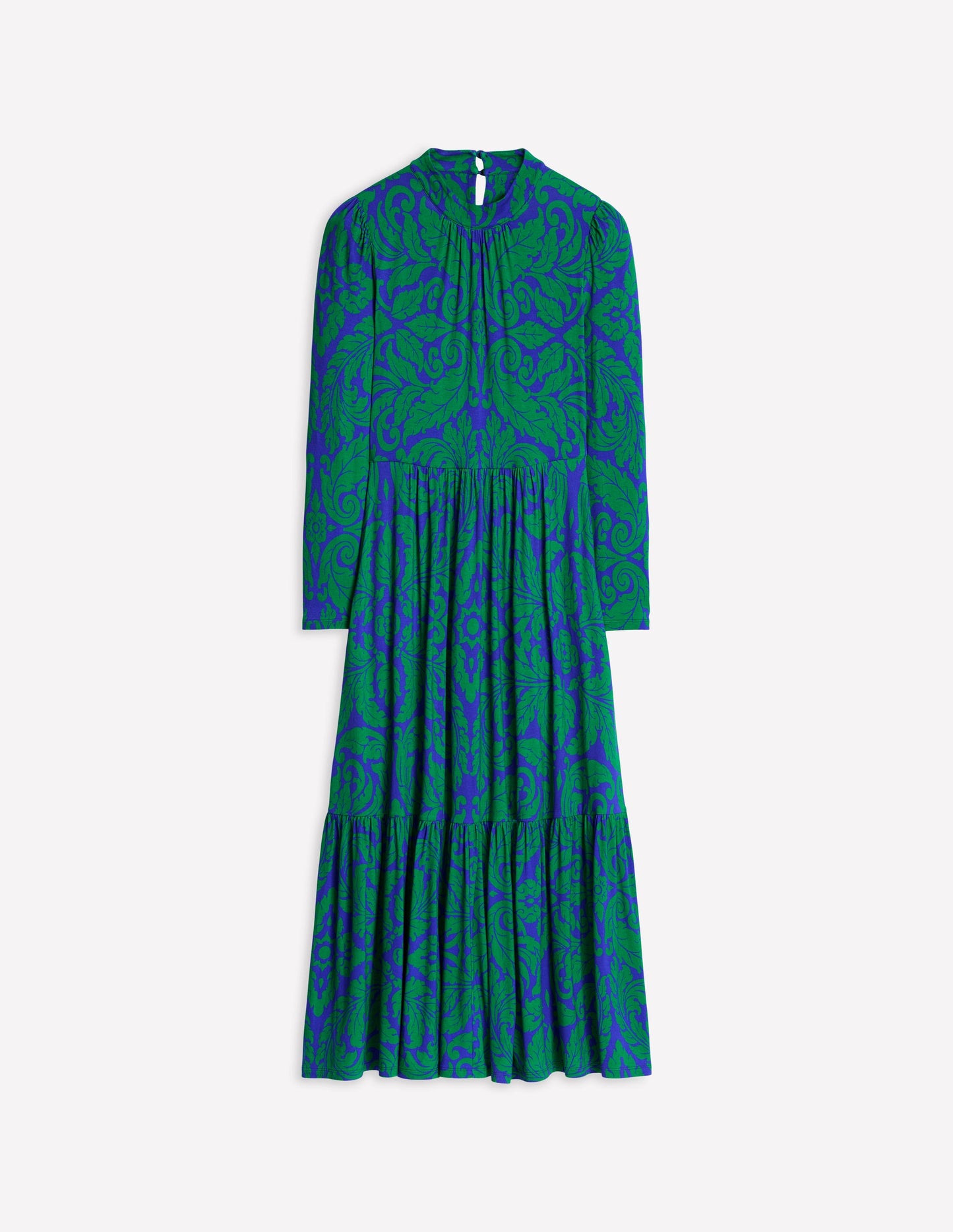 High Neck Tiered Jersey Dress -Rich Emerald, Elaborate Leaf