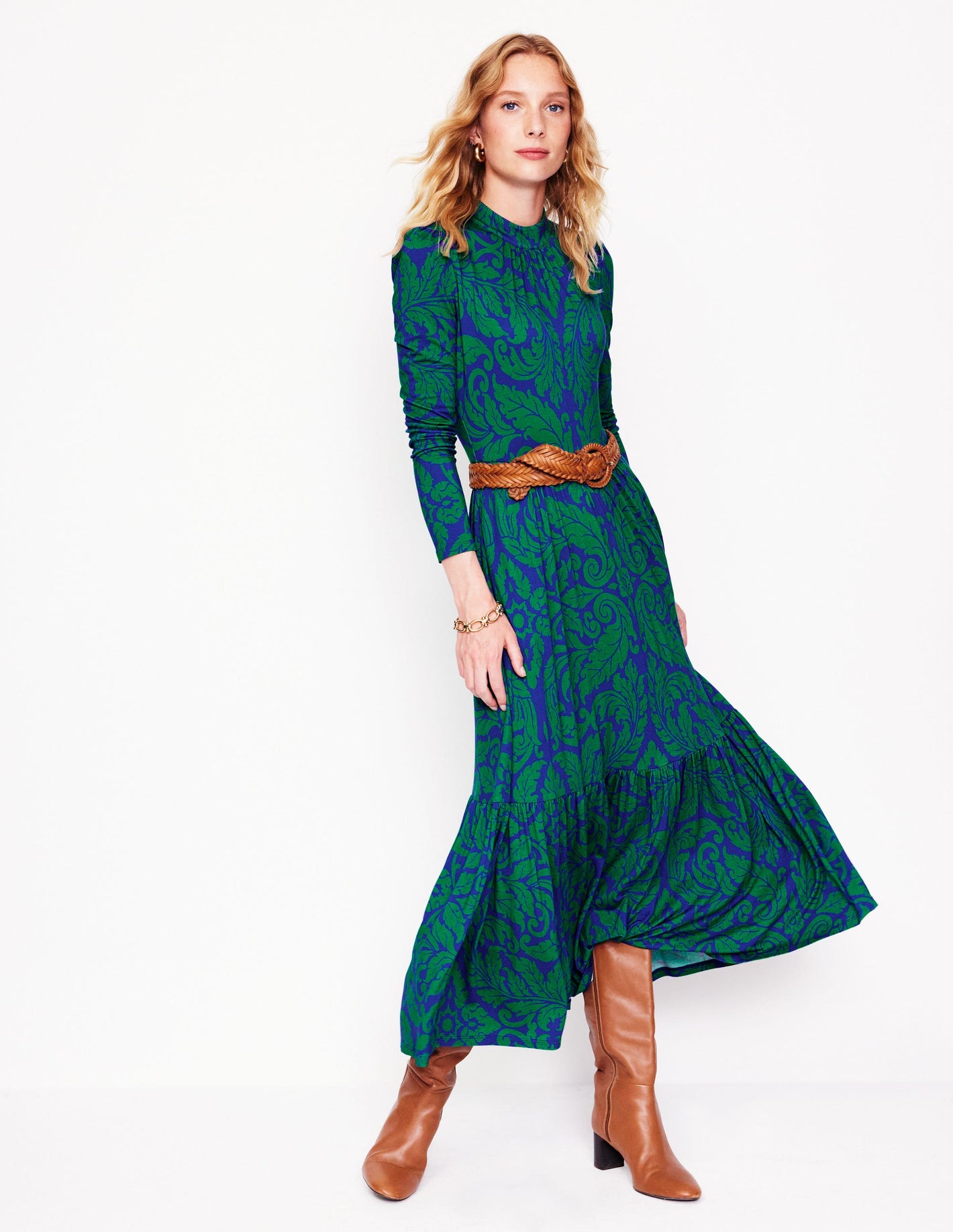 High Neck Tiered Jersey Dress -Rich Emerald, Elaborate Leaf