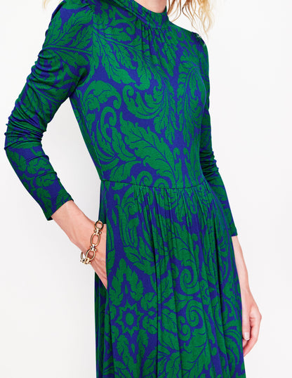 High Neck Tiered Jersey Dress -Rich Emerald, Elaborate Leaf