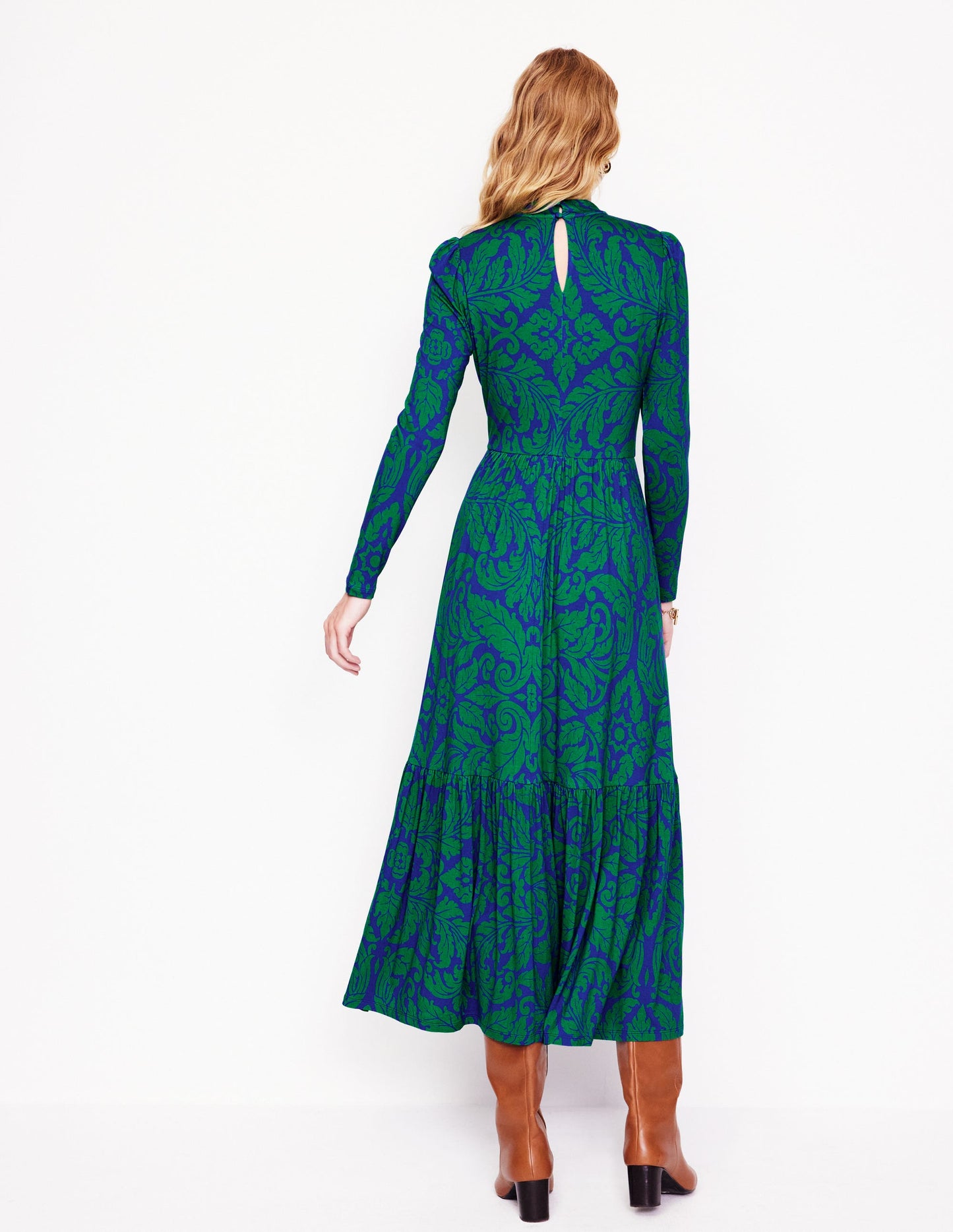 High Neck Tiered Jersey Dress -Rich Emerald, Elaborate Leaf