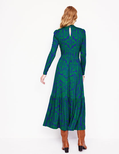 High Neck Tiered Jersey Dress -Rich Emerald, Elaborate Leaf