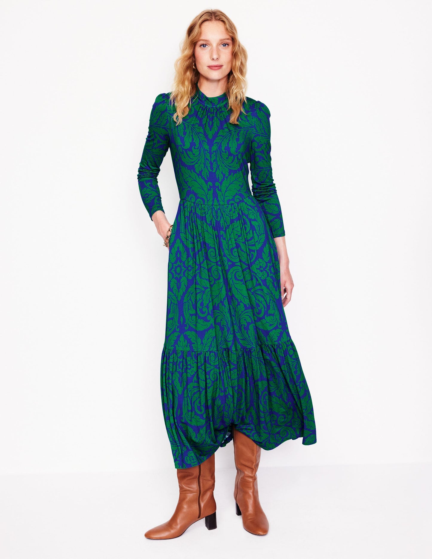 High Neck Tiered Jersey Dress -Rich Emerald, Elaborate Leaf