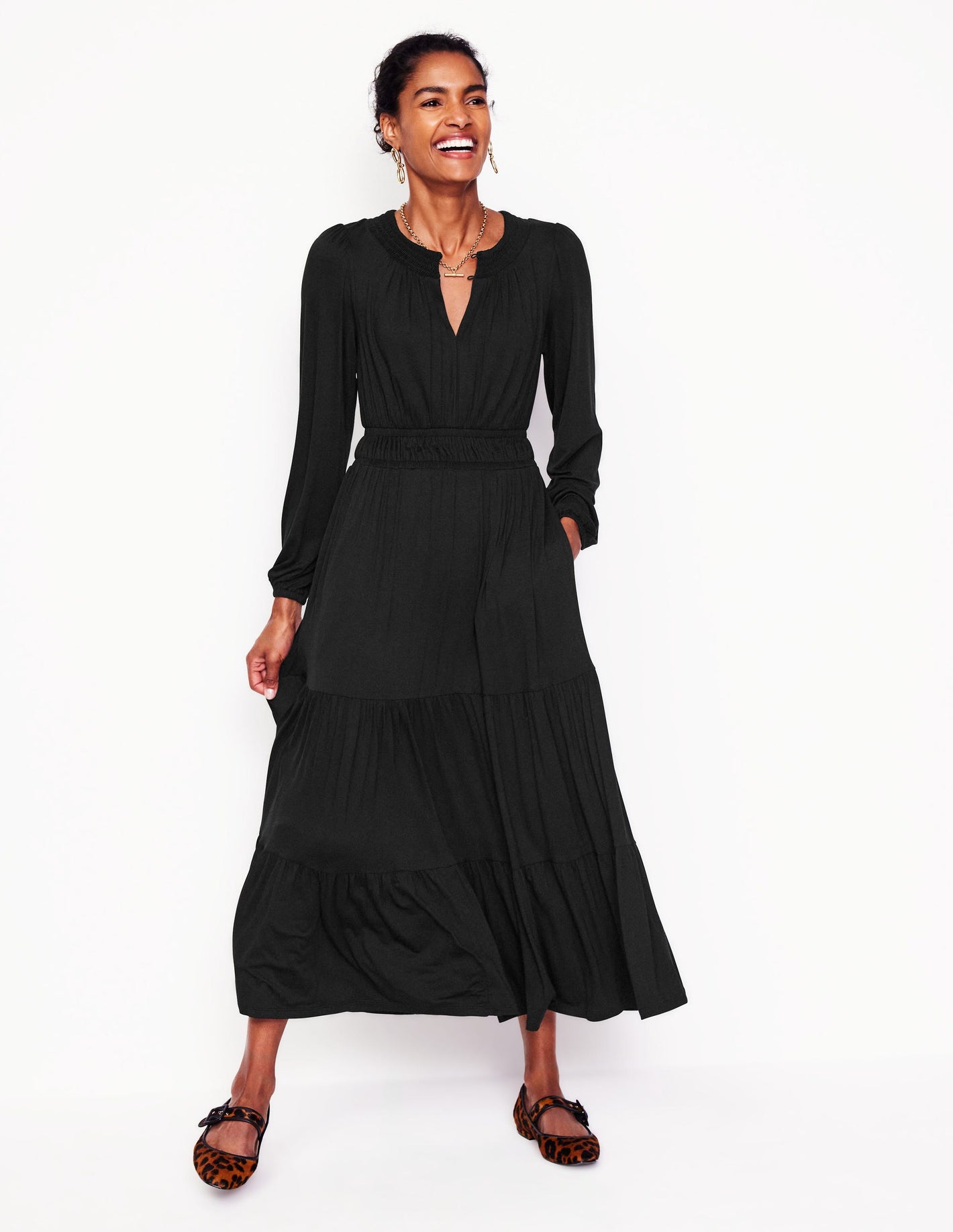 Smock Tiered Jersey Midi Dress-Black