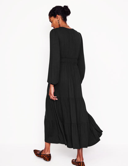 Smock Tiered Jersey Midi Dress-Black