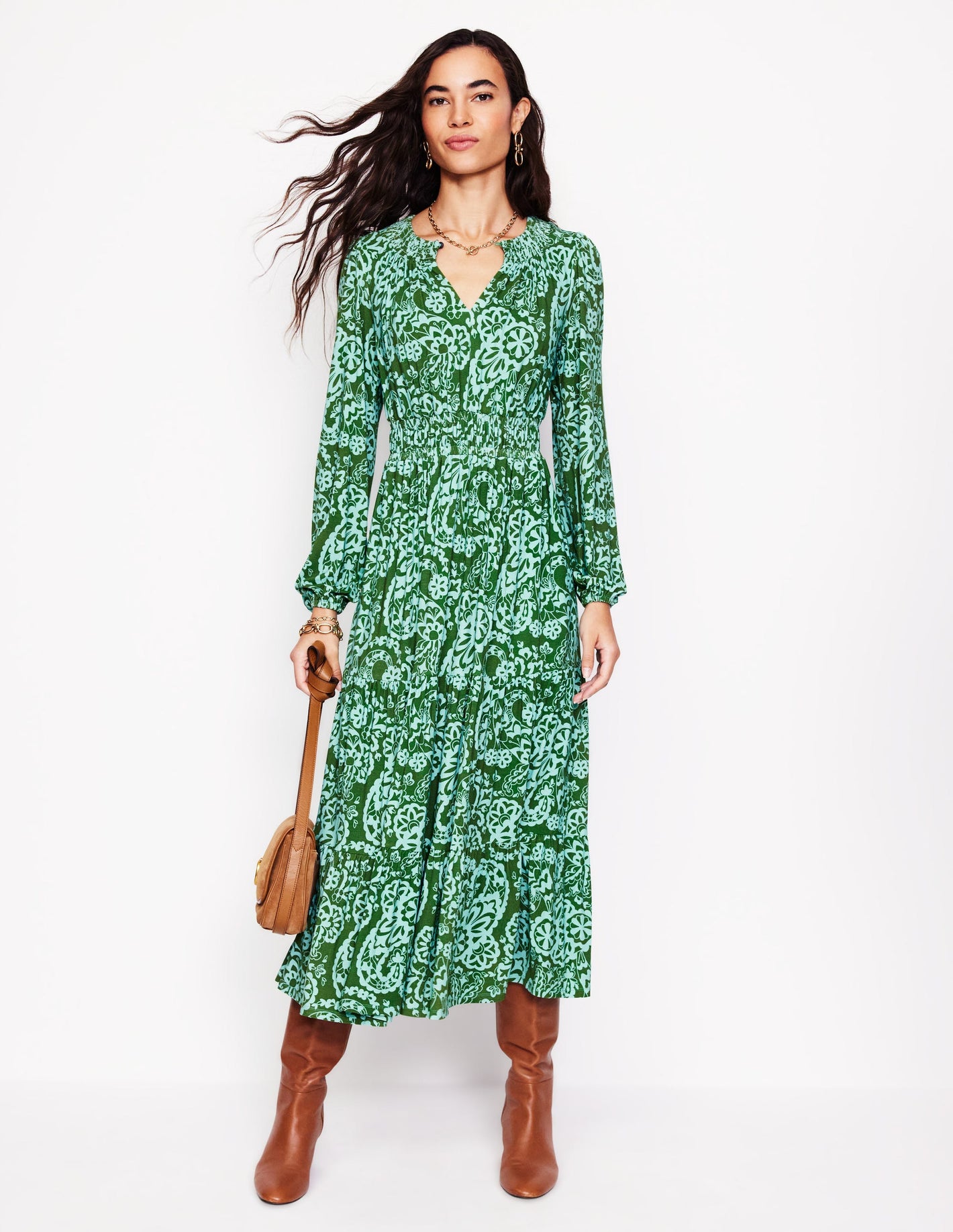 Smock Tiered Jersey Midi Dress -Brook, Paisley Cascade