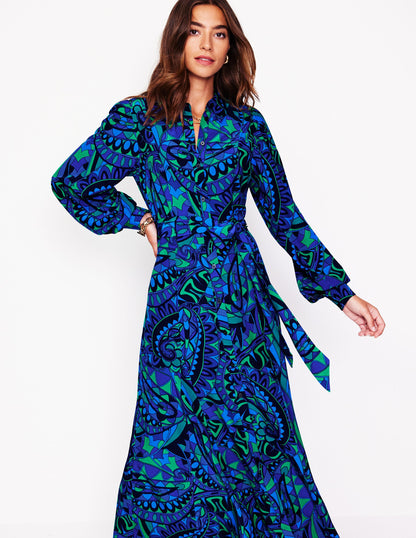 Martha Godet Maxi Shirt Dress -Blue, Kaleidoscopic Paisley