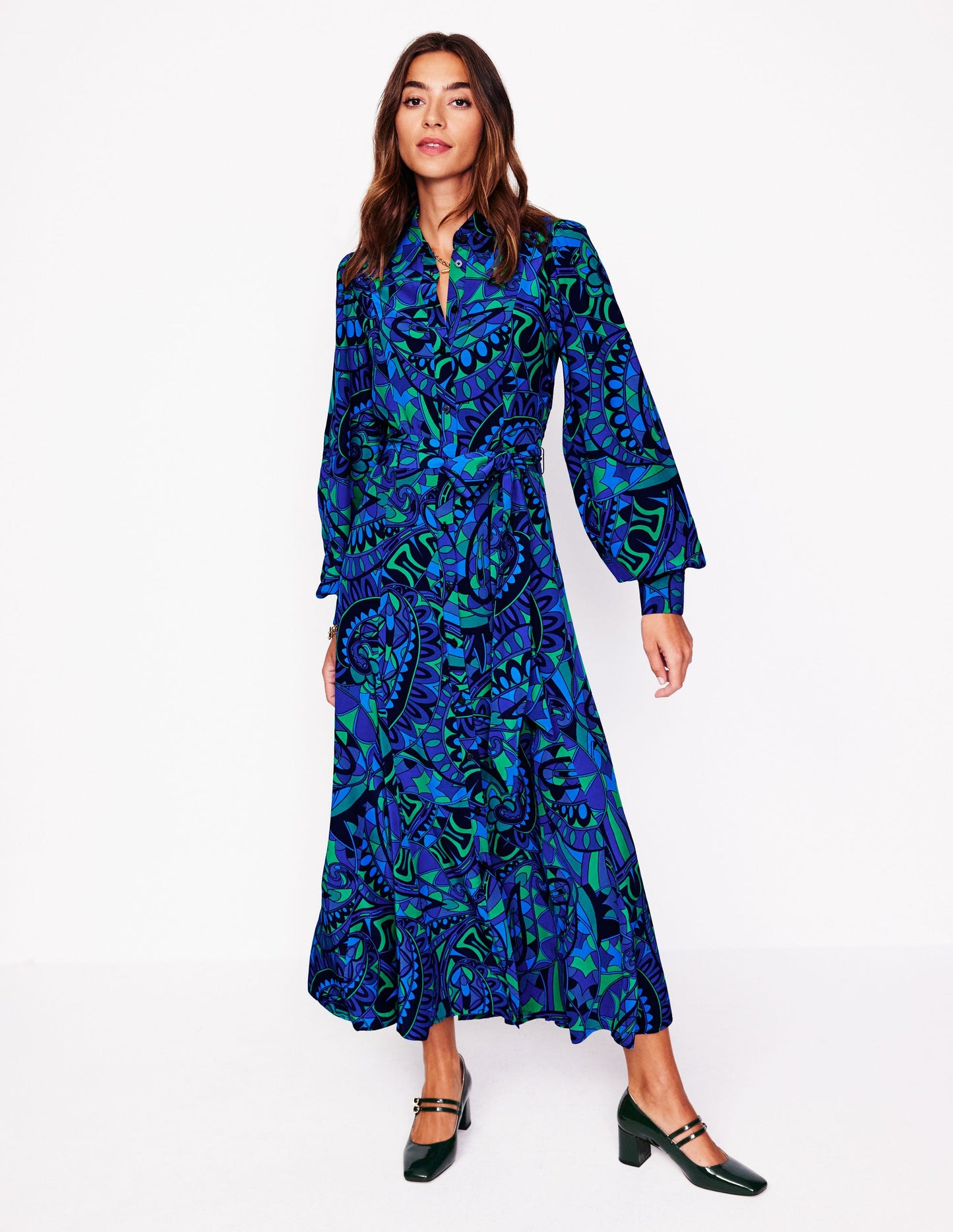 Martha Godet Maxi Shirt Dress -Blue, Kaleidoscopic Paisley