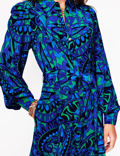 Martha Godet Maxi Shirt Dress -Blue, Kaleidoscopic Paisley