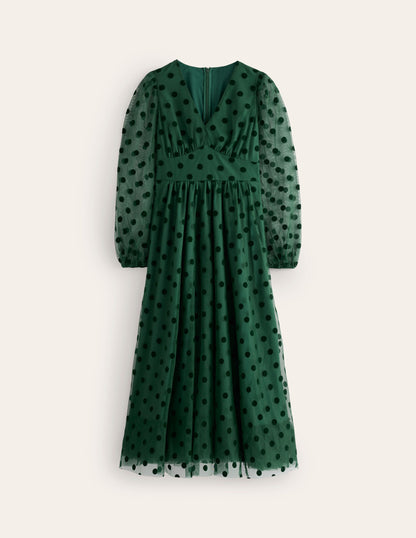 Christina Tulle Midi Dress -Green, Spots