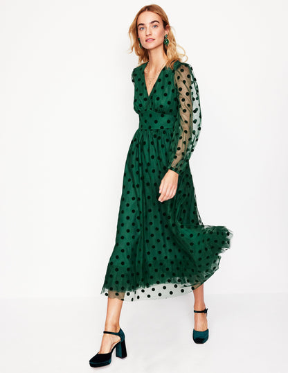 Christina Tulle Midi Dress -Green, Spots