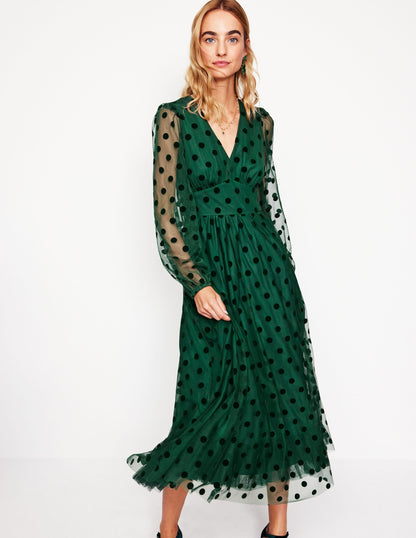 Christina Tulle Midi Dress -Green, Spots