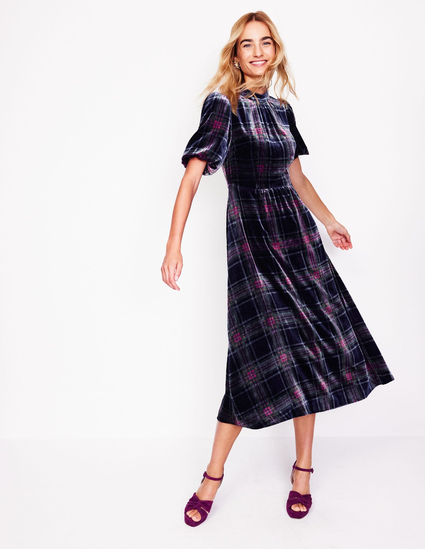 High Neck Velvet Dress-Navy and Red Check