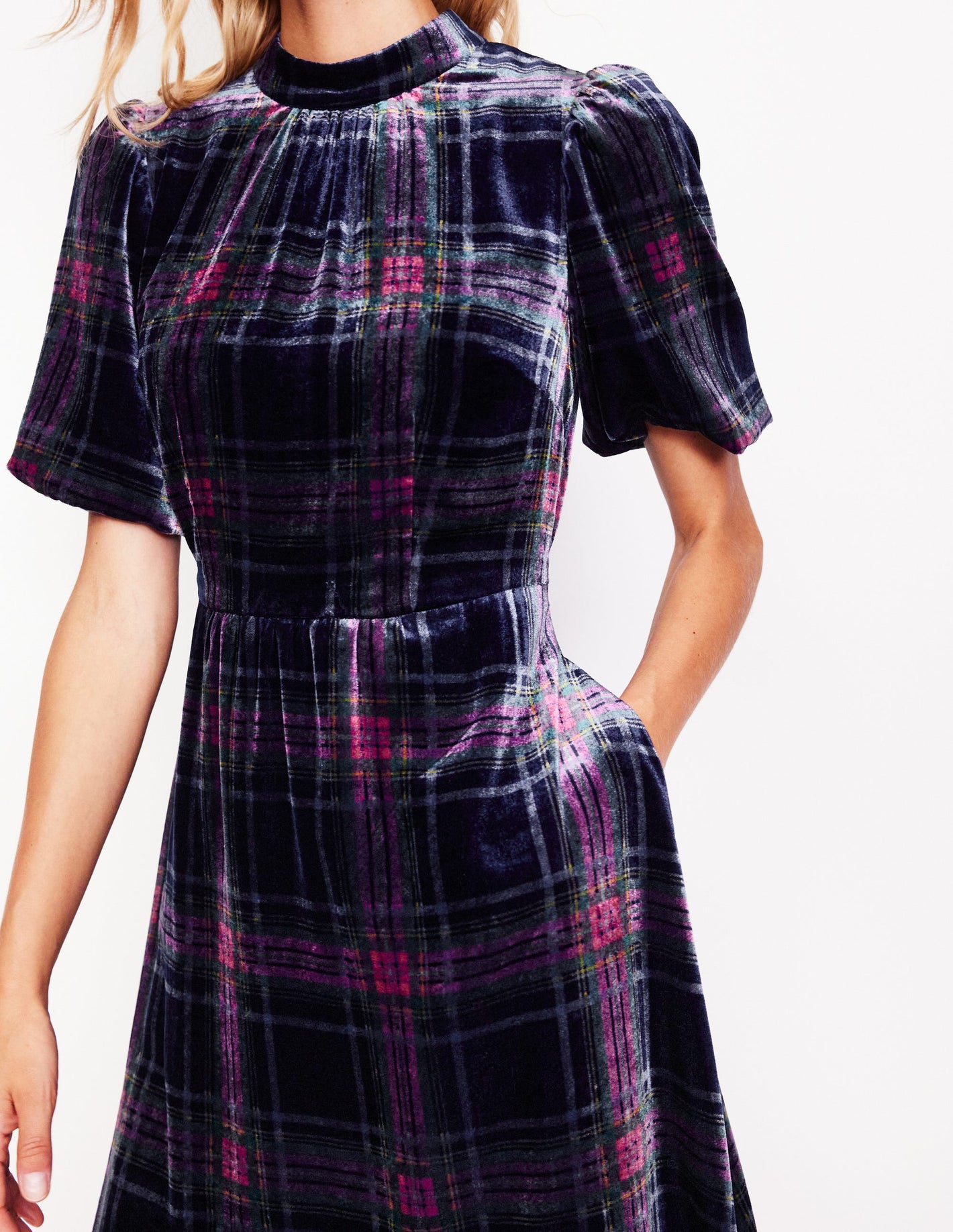 High Neck Velvet Dress-Navy and Red Check