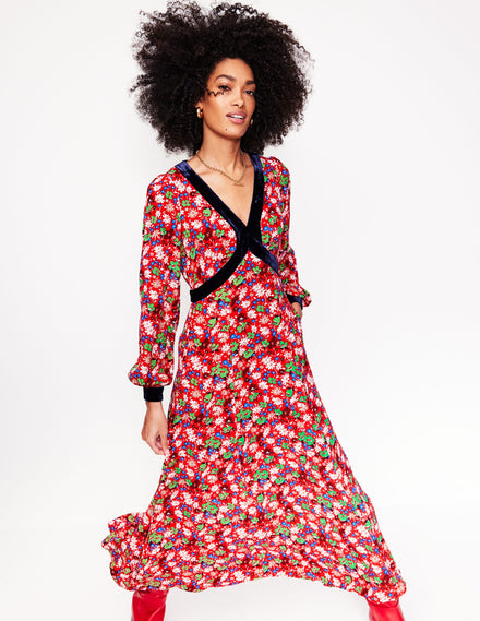 Velvet Trim Maxi Tea Dress-Bright Ruby, Floral Burst