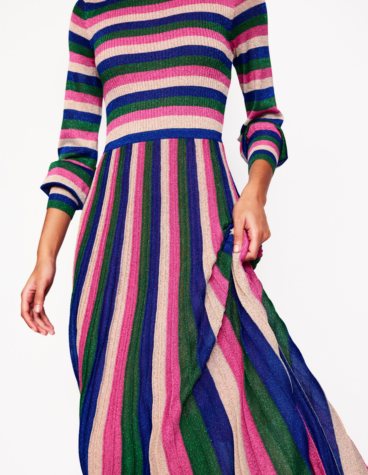 Ribbed Metallic Party Dress-Pink, Green and Gold Stripe