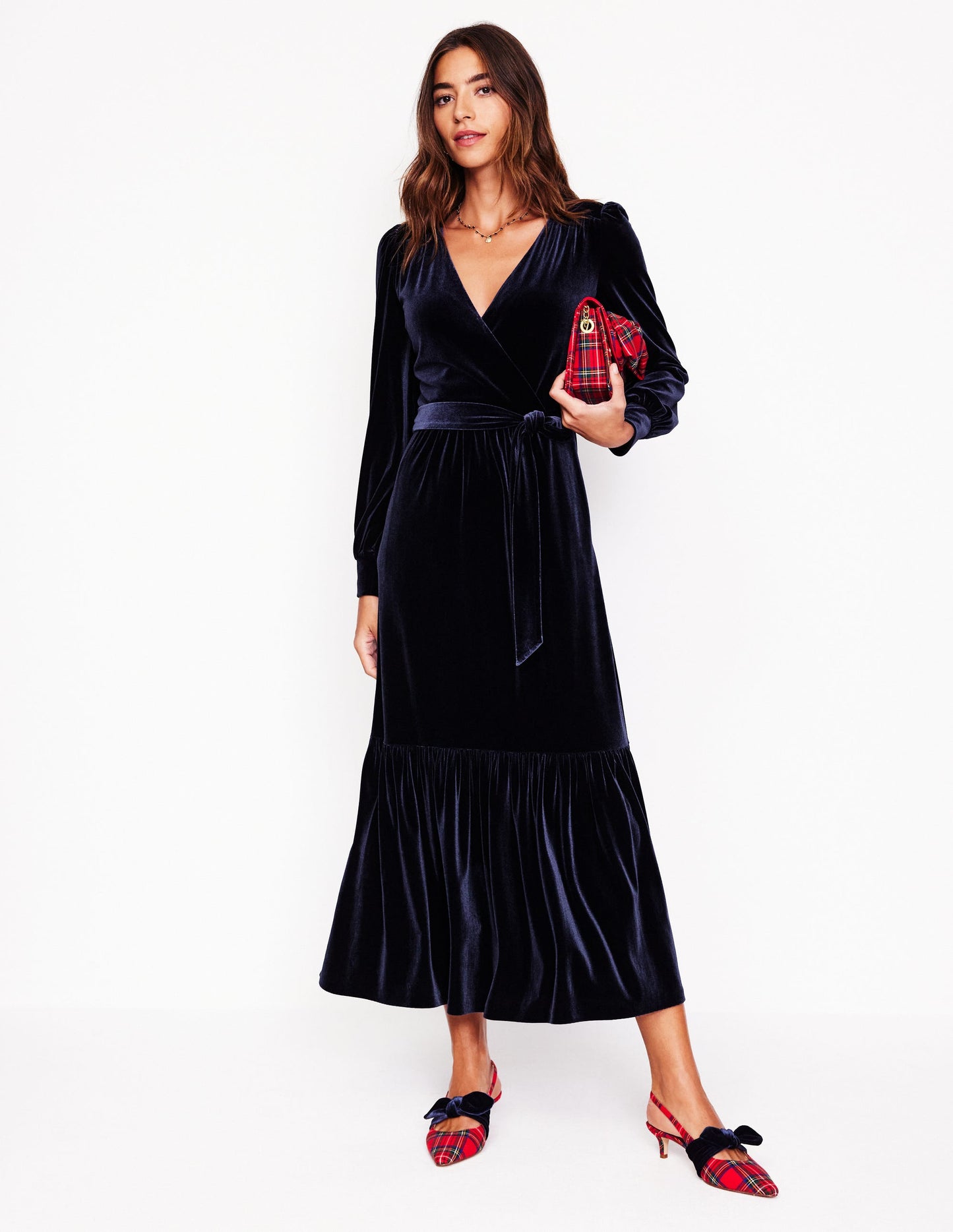 Ophelia Velvet Midi Wrap Dress-Navy