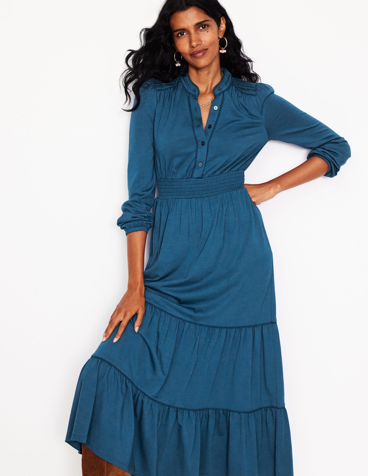 Shirred Waist Tier Midi Dress-Harbour Blue