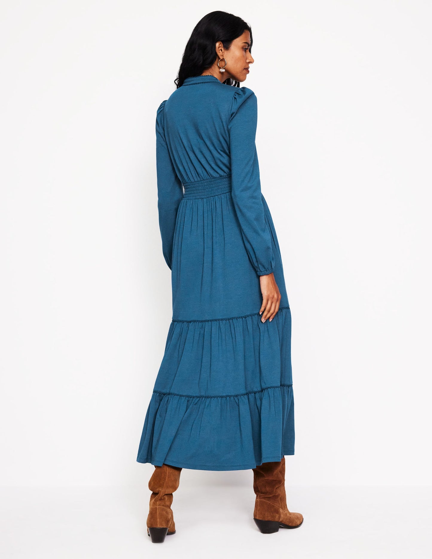 Shirred Waist Tier Midi Dress-Harbour Blue