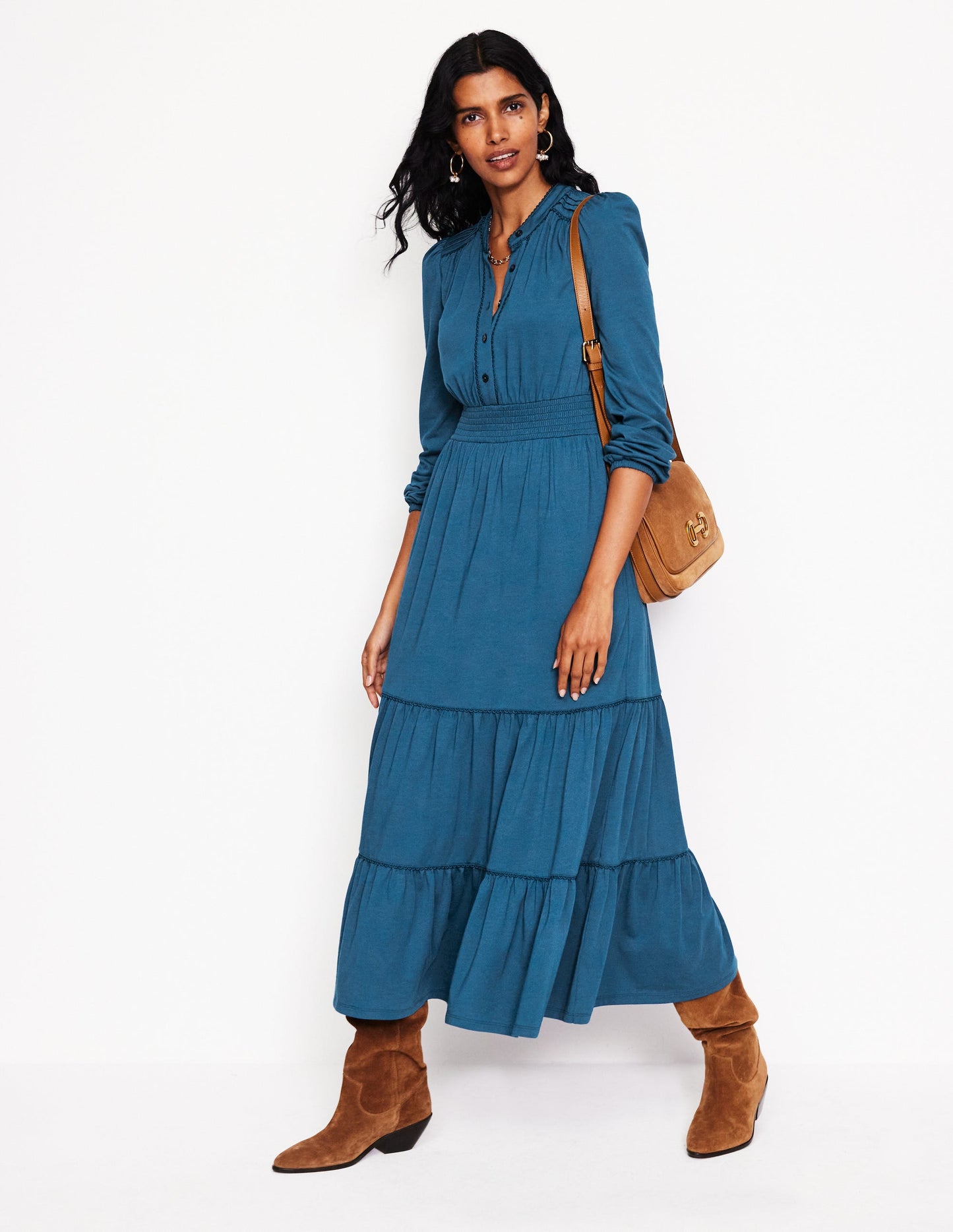 Shirred Waist Tier Midi Dress-Harbour Blue