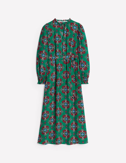 Easy Notch Midi Dress-Green, Adorned Stamp