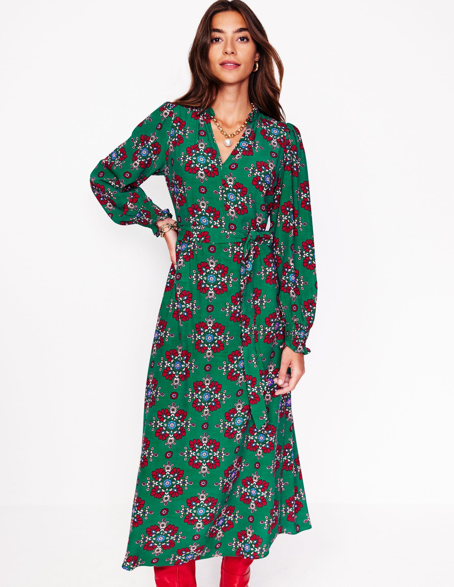 Easy Notch Midi Dress-Green, Adorned Stamp