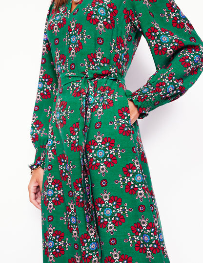 Easy Notch Midi Dress-Green, Adorned Stamp