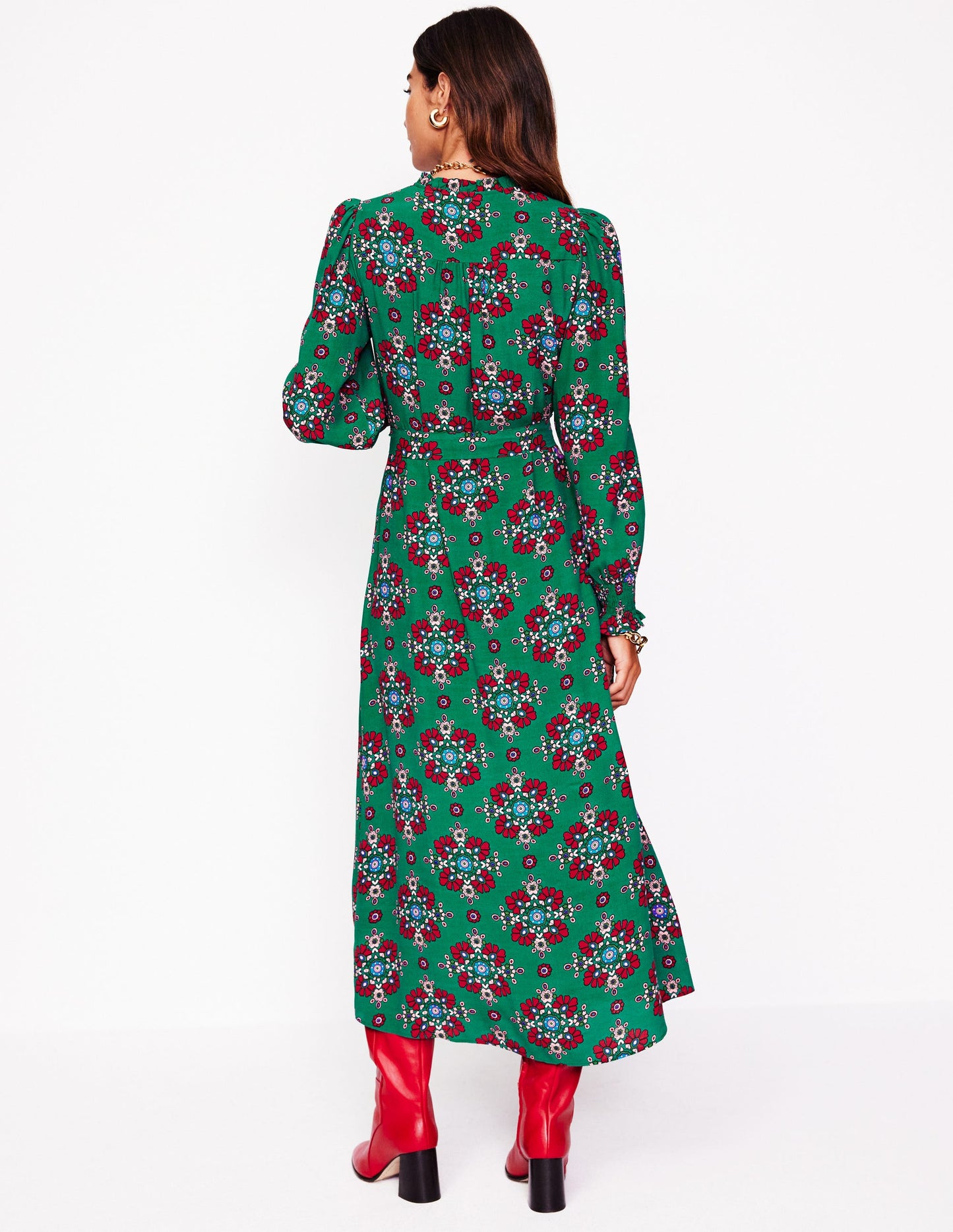 Easy Notch Midi Dress-Green, Adorned Stamp