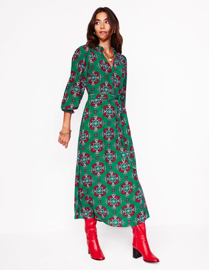 Easy Notch Midi Dress-Green, Adorned Stamp