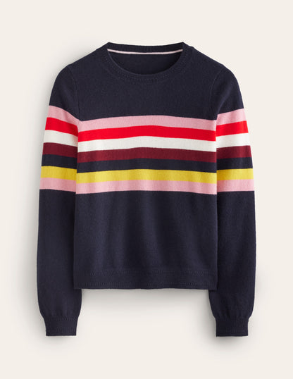 Eva Cashmere Crew Neck Jumper-Navy, Rainbow