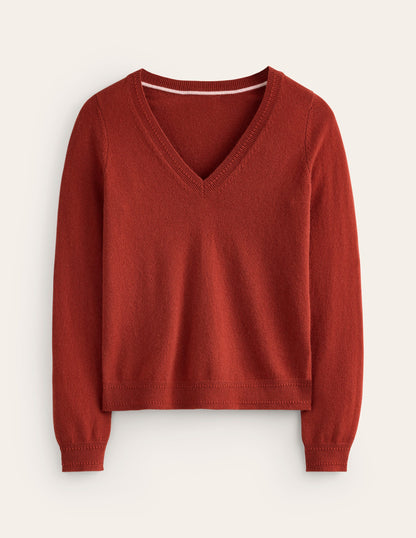 Eva Cashmere V-Neck Jumper-Copper Brown