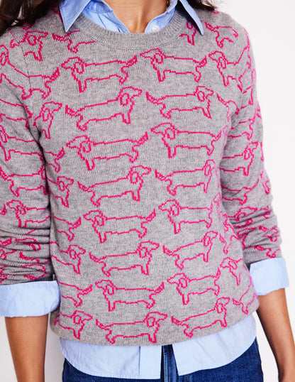 Heather Jacquard Jumper-Grey Marl, Pink Sausage Dog