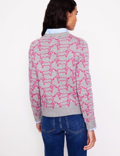 Heather Jacquard Jumper-Grey Marl, Pink Sausage Dog